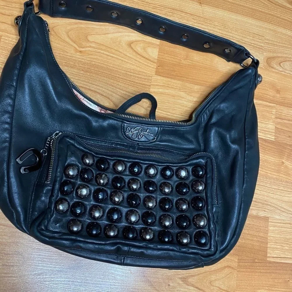 2000s Betsey Johnson Leather Studded Hobo Bag - Picture 3 of 11